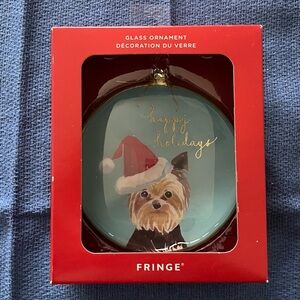 Fringe Yorkie Happy Holidays Glass Ornament